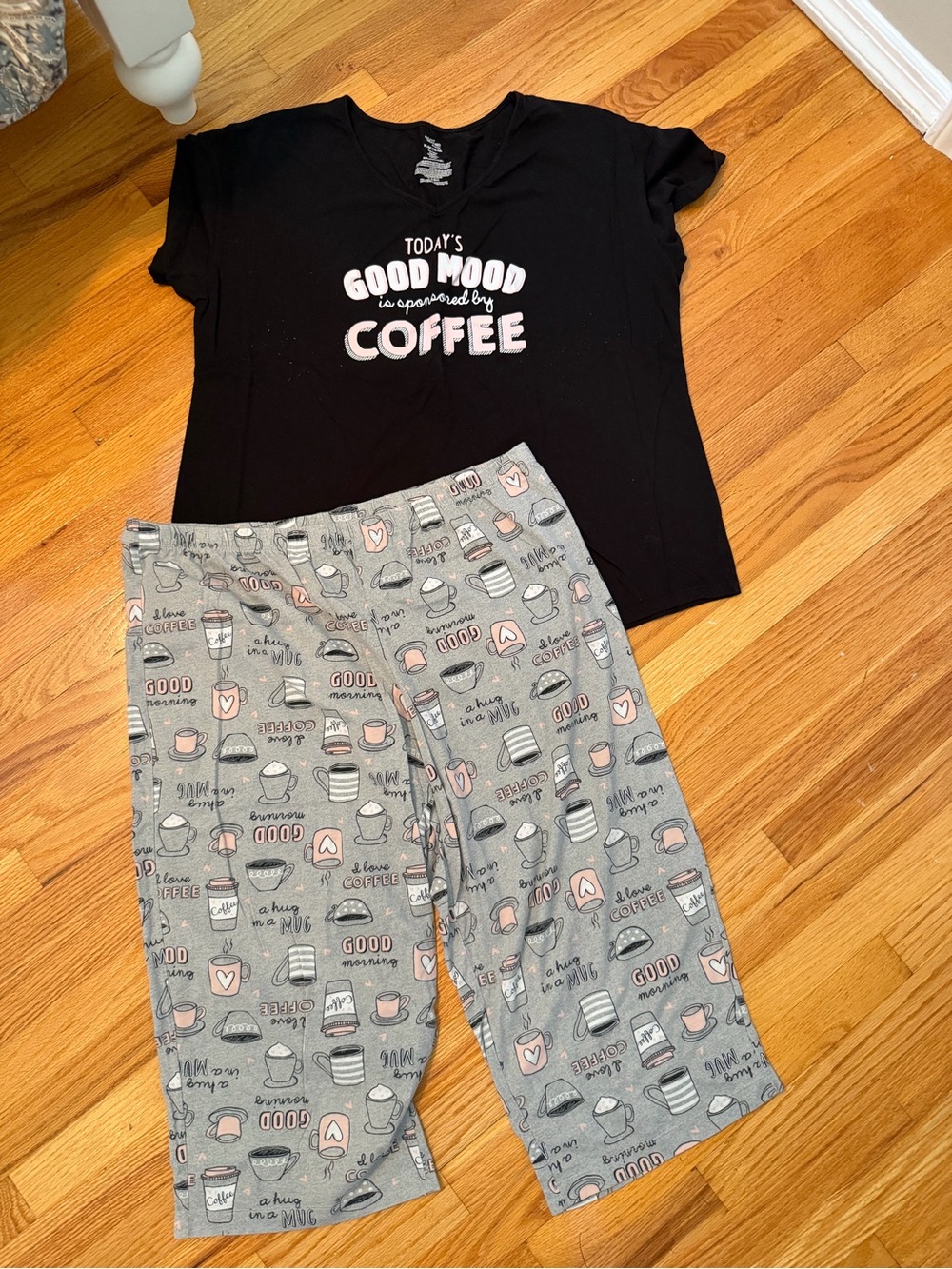 Coffee Graphic Pajama Set - Black Top & Gray Coffee Print Pants